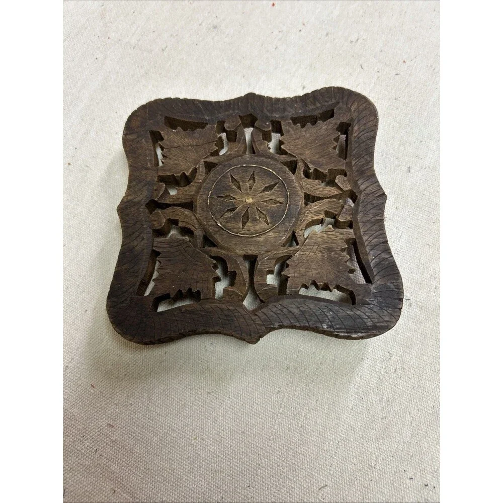 Vintage Hand Carved Wooden Trivet W/ Intricate Cutout Design Floral Centerpiece